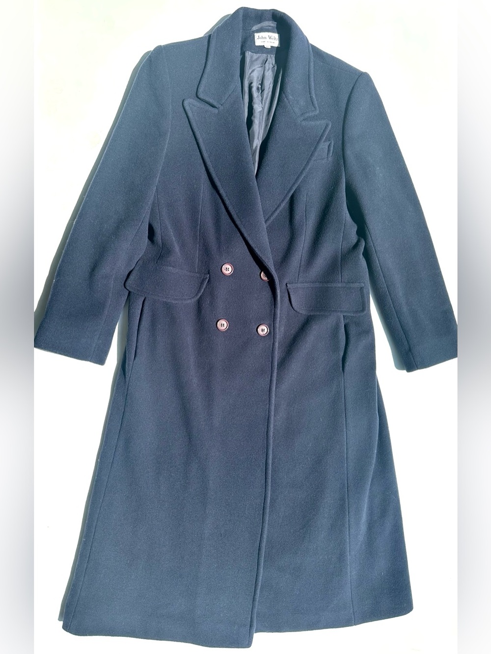 John Weitz Cashmere Wool Military Style Navy Double-Breasted Wool Long Coat, 12